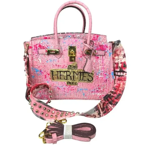 Gorgeous Anca Barbu Hand Painted Pink Splatter Bag 11X6X6 - Picture 6 of 12